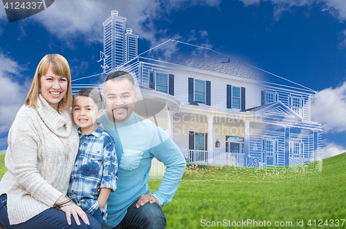 Image of Young Mixed Race Family and Ghosted House Drawing on Grass