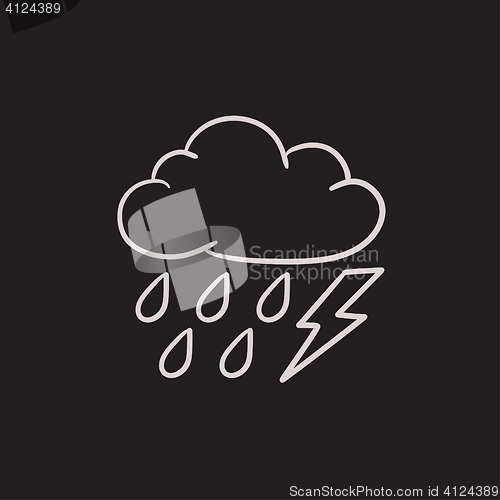 Image of Cloud with rain and lightning bolt sketch icon.