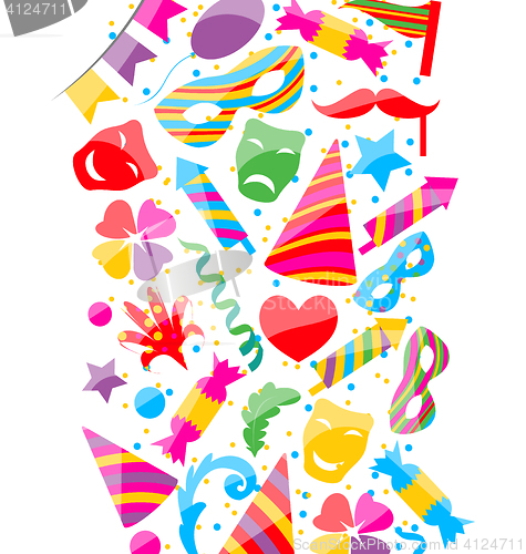 Image of Festive background with carnival and party colorful icons and ob