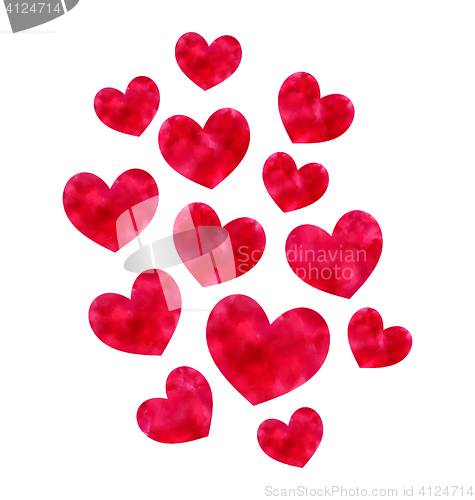 Image of Pink hand-drawn watercolor hearts isolated on white background f