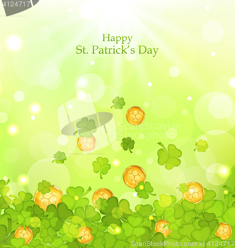 Image of Light background with clovers and coins for St. Patrick\'s Day