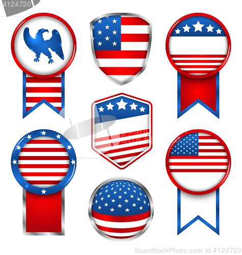 Image of Illustration Set of Various Graphics and Labels, Emblems in Traditional American Colors