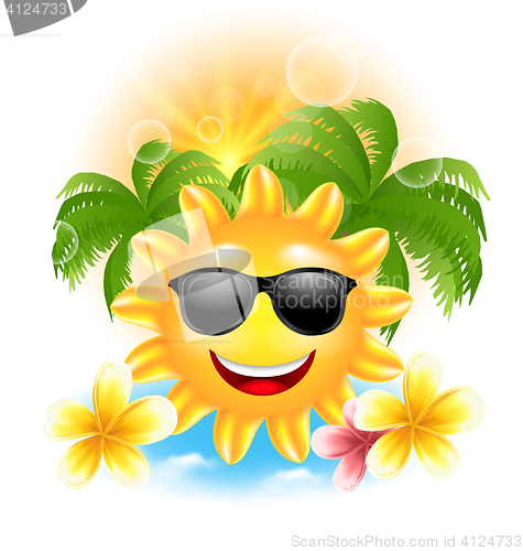 Image of Summer Funny Background with Happy Smiling Sun, Palms, Flowers Frangipani