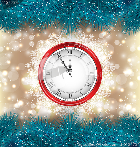 Image of  New Year Midnight Background with Clock and Fir Twigs