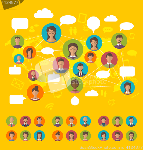 Image of Social network concept on world map with people icons avatars, f