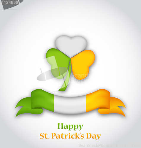Image of shamrock and ribbon in traditional Irish flag colors for St. Pat
