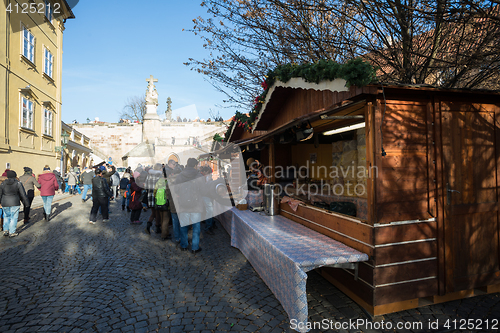 Image of Christmas market under famous Charles bridge in Prague