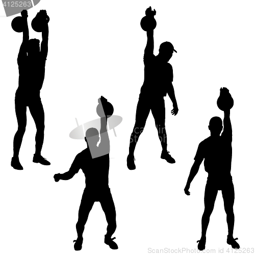 Image of Set silhouette muscular man holding kettle bell.  illustration.