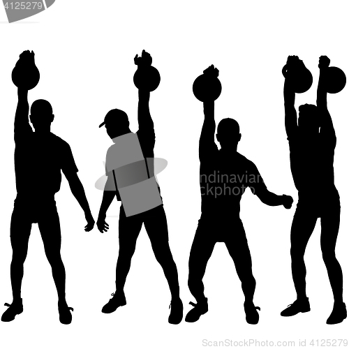 Image of Set silhouette muscular man holding kettle bell.  illustration.