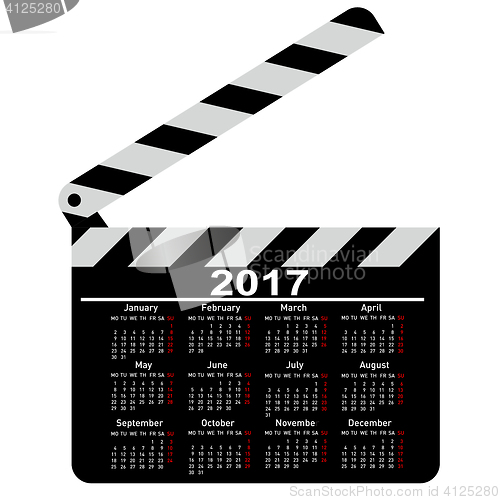 Image of calendar for 2017, movie clapper board. Illustration