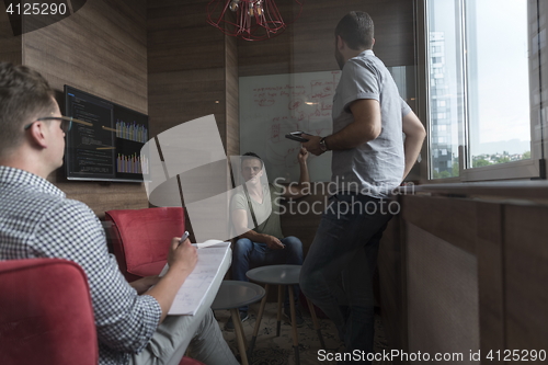 Image of team meeting and brainstorming in small private office