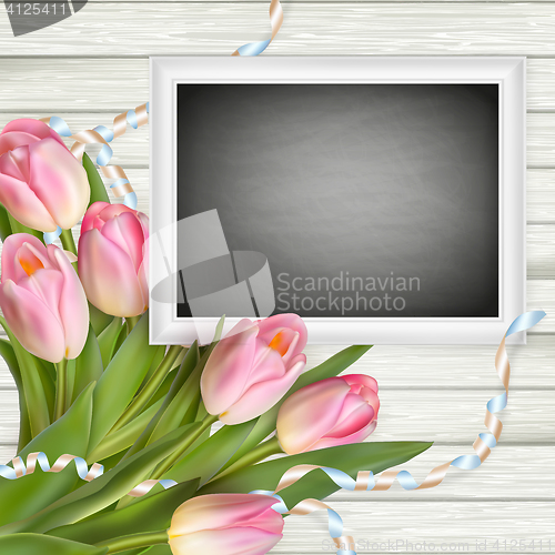 Image of Bouquet of tulips and chalkboard. EPS 10