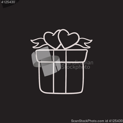 Image of Gift box with hearts sketch icon.