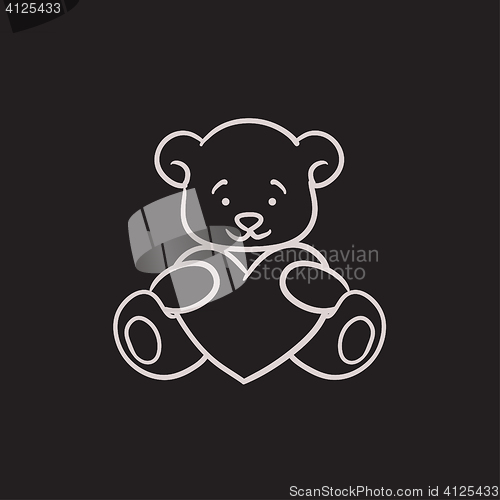 Image of Teddy bear with heart sketch icon.