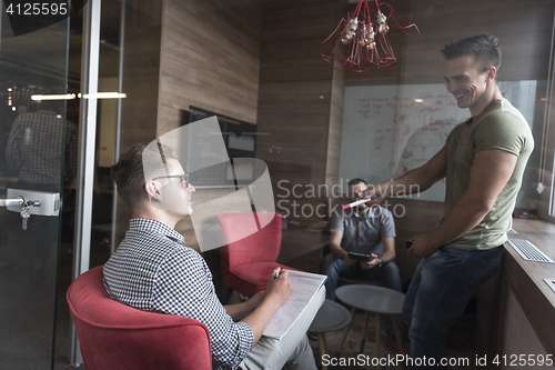 Image of team meeting and brainstorming in small private office