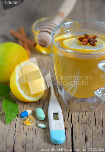 Image of cup of tea, pills and tea