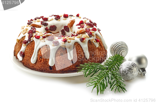 Image of Christmas cake on white background