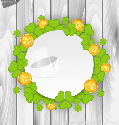 Image of Celebration card with clovers and golden coins for St. Patrick\'s