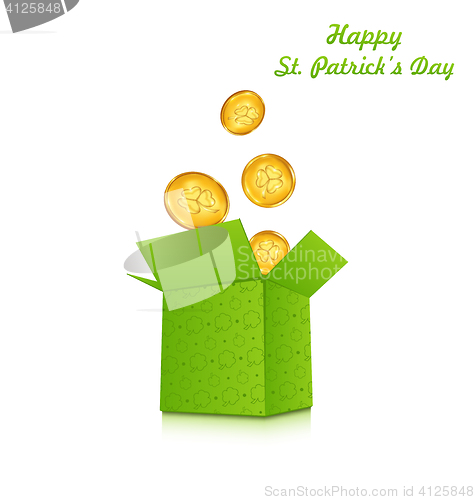 Image of Open cardboard box with golden coins for St. Patrick\'s Day