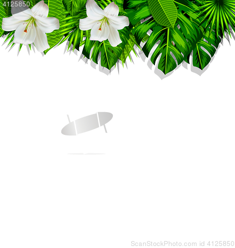 Image of Frame branch tropical leaves and white flowers lily