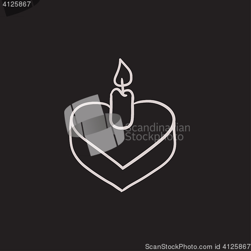 Image of Heart-shaped cake with candle sketch icon.
