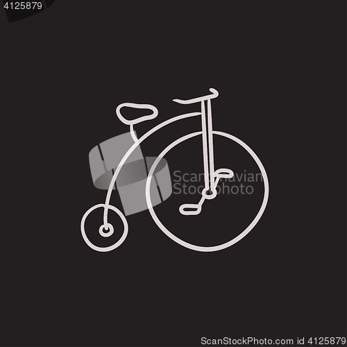 Image of Old bicycle with big wheel sketch icon.