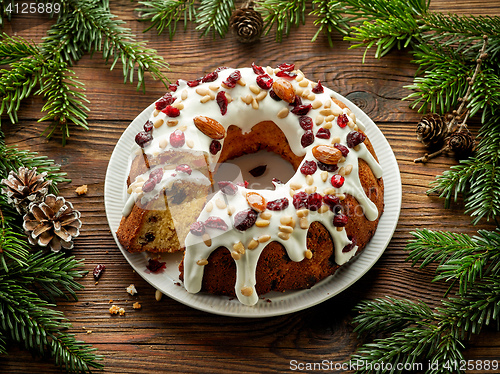 Image of Christmas cake on wooden table