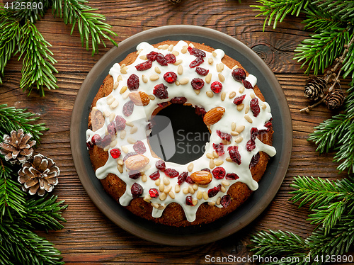 Image of Christmas cake on wooden table