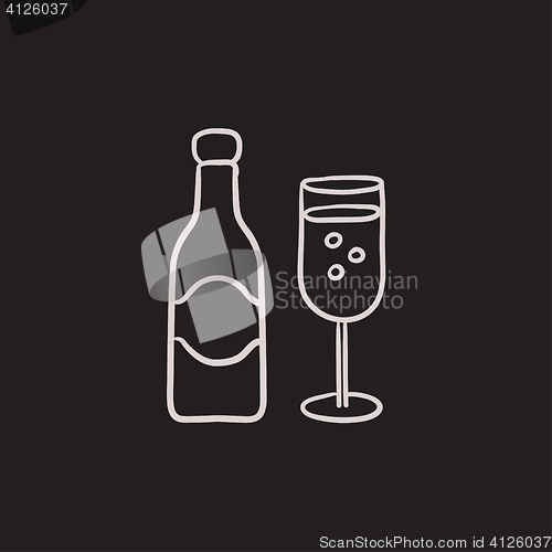 Image of Champagne bottle and two glasses sketch icon.