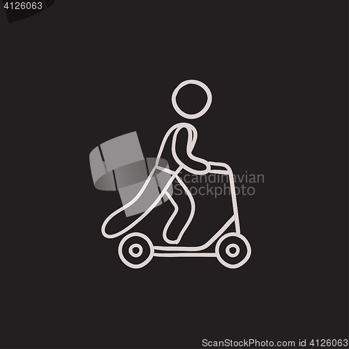 Image of Man riding kick scooter sketch icon.