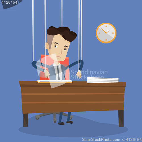 Image of Businessman marionette on ropes working.