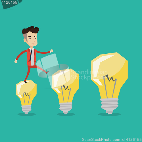 Image of Businessman jumping on light bulbs.