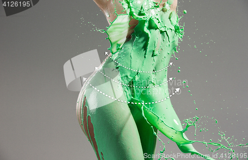 Image of The beautiful woman with green liquid paint over her body