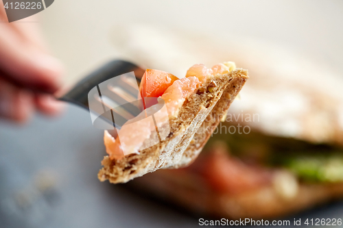 Image of person eating salmon panini sandwich at restaurant