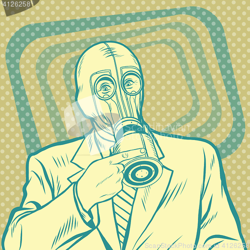 Image of Pop art retro man in gas mask pointing sideways