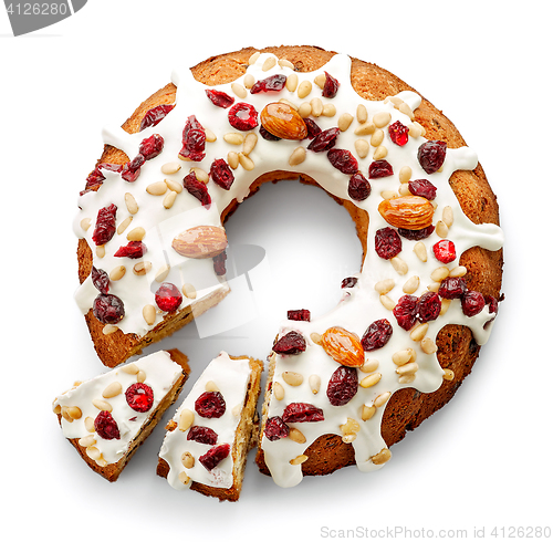 Image of Fruit cake on white background