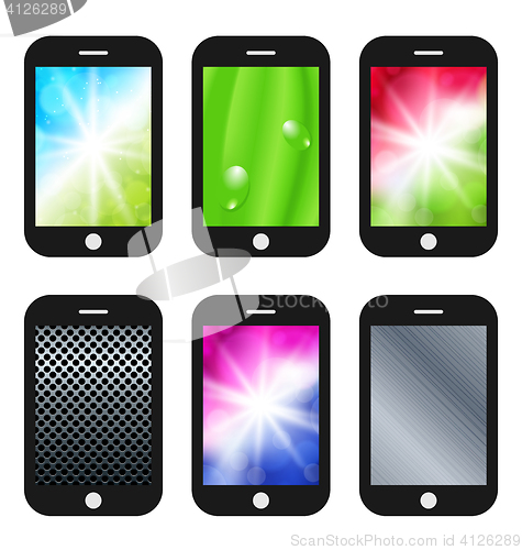 Image of Black mobile phone with different wallpapers (abstract backgroun