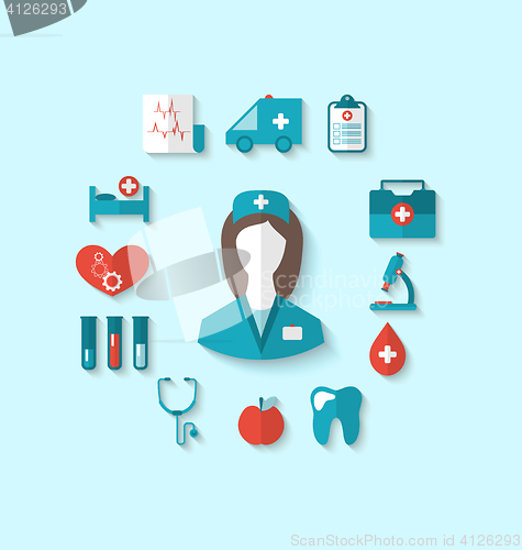 Image of Set modern flat icons of nurse and medical objects, simple style