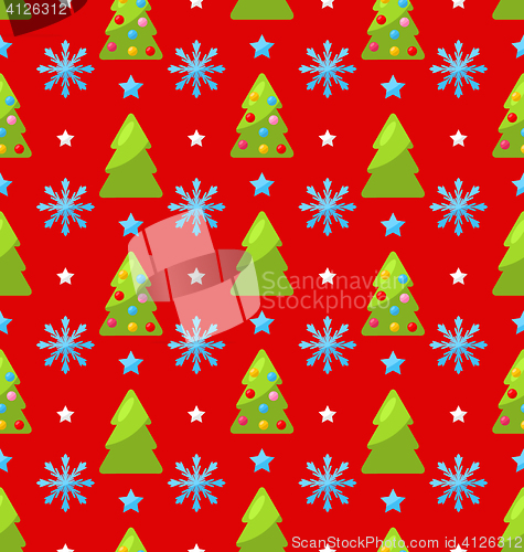 Image of Red seamless Christmas pattern green fir