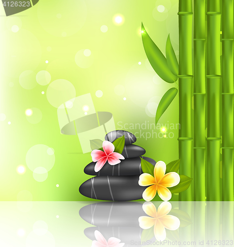 Image of Meditative oriental background with frangipani, bamboo and heap 