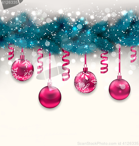 Image of Holiday background with Christmas fir branches and glass balls, 