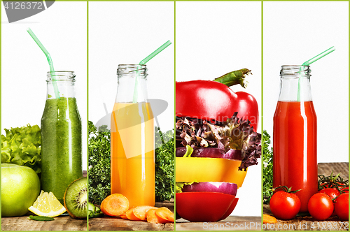 Image of The bottles with fresh vegetable juices on wooden table