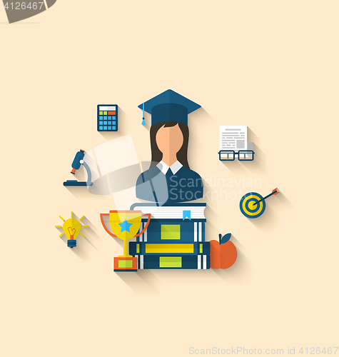 Image of Flat icons of magister female with graduation and objects for hi