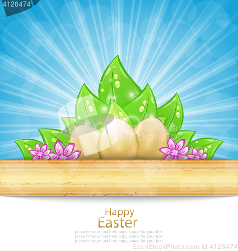 Image of Easter Background with Eggs, Leaves, Flowers