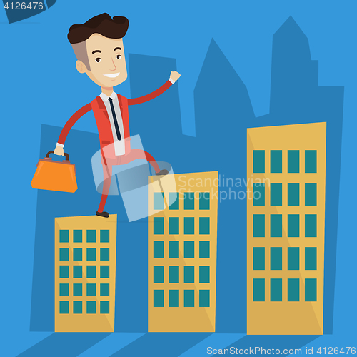 Image of Businessman walking on the roofs of the buildings.