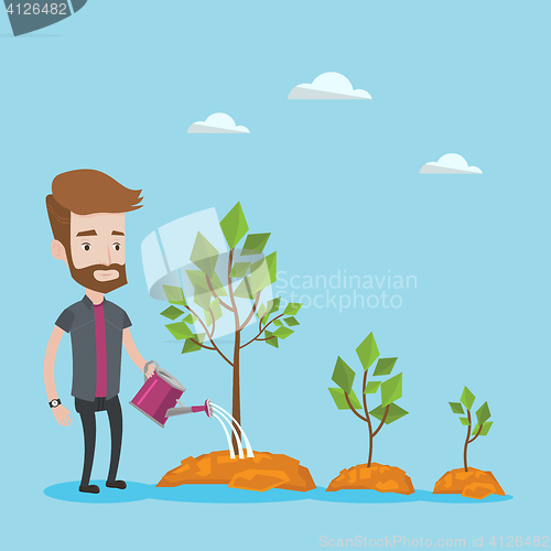 Image of Businessman watering trees vector illustration.