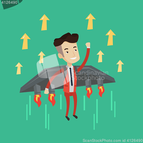 Image of Happy businessman flying on the rocket to success.