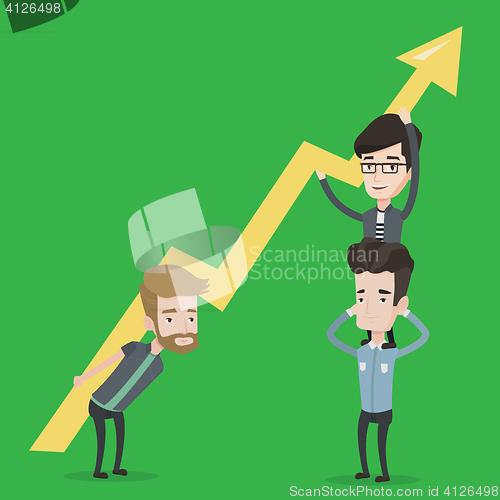 Image of Three businessmen holding arrow going up.