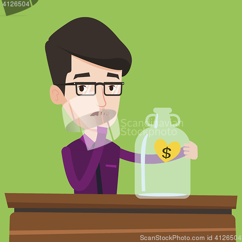 Image of Worried businessman looking at empty glass jar.