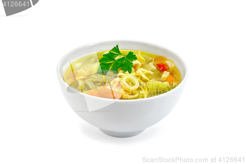 Image of Soup Minestrone with parsley in white bowl